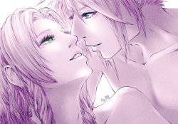 Rule 34 | 1boy, 1girl, aerith gainsborough, bare shoulders, blue eyes, cloud strife, collarbone, couple, earrings, fig82117s, final fantasy, final fantasy vii, final fantasy vii remake, green eyes, hair between eyes, hair undone, hetero, jewelry, long hair, parted bangs, parted lips, short hair, sidelocks, single earring, smile, spiked hair, square enix, topless male, upper body, white background