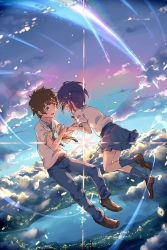 Rule 34 | 10s, 1boy, 1girl, ayakashi (monkeypanch), blue hair, brown hair, cloud, crying, crying with eyes open, diffraction spikes, falling, holding hands, hetero, highres, kimi no na wa., miyamizu mitsuha, necktie, open mouth, pleated skirt, pool, scenery, school uniform, shirt, short hair, short sleeves, skirt, sky, string, string of fate, tachibana taki, tears, thread, water drop