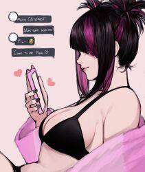 Rule 34 | 1girl, absurdres, black hair, black nails, breasts, cellphone, cleavage, cosplay, english text, from side, hair over eyes, han juri, heart, highres, icot834267, kigurumi, multicolored hair, off shoulder, official alternate costume, official alternate hairstyle, phone, purple hair, simple background, smartphone, smartphone case, smile, solo, streaked hair, street fighter, street fighter 6, text messaging, twintails, upper body