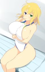 Rule 34 | 10s, 1girl, ahoge, bare arms, bare shoulders, blonde hair, blue eyes, blush, breast hold, breasts, bursting breasts, closed mouth, collarbone, covered navel, finger to mouth, green eyes, heterochromia, huge breasts, light smile, noeomi, one-piece swimsuit, ryouna (senran kagura), seductive smile, senran kagura, senran kagura shinovi versus, short hair, sideboob, sitting, smile, solo, swimsuit, taut clothes, taut swimsuit, thighs, white one-piece swimsuit