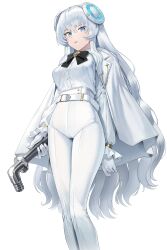 Rule 34 | 1girl, absurdres, belt, blue eyes, breasts, cloak, commission, gloves, goback, headgear, highres, looking at viewer, medium breasts, original, pants, shirt, solo, tight clothes, tight pants, white background, white cloak, white gloves, white hair, white shirt