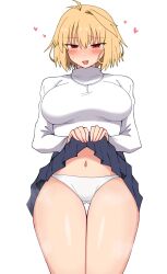 1girl :d absurdres arcueid_brunestud blonde_hair blue_skirt blush breasts clothes_lift fang furrowed_brow gluteal_fold highres jewelry large_breasts loving_aura maz_515 midriff navel necklace open_mouth panties pleated_skirt red_eyes short_hair simple_background skirt skirt_lift smile solo standing steaming_body sweat thighs thumbs_up tsukihime tsukihime_(remake) underwear white_background white_panties