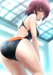 Rule 34 | 1girl, ass, black one-piece swimsuit, blurry, commentary request, competition swimsuit, cowboy shot, depth of field, from behind, highres, indoors, leaning forward, looking at viewer, one-piece swimsuit, onigirikun, original, parted lips, purple eyes, purple hair, short hair, solo, standing, swimsuit, wet, wet clothes