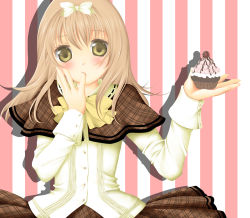 Rule 34 | 1girl, bad id, bad pixiv id, blush, bow, cupcake, finger in own mouth, finger sucking, food, hair bow, long hair, original, petit alice, skirt, solo, striped, striped background