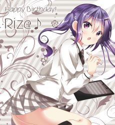 Rule 34 | 1girl, :o, ass, black necktie, black socks, blush, character name, clipboard, colored eyelashes, english text, from side, gochuumon wa usagi desu ka?, grey skirt, hair ornament, hairclip, happy birthday, highres, holding, holding pen, kneehighs, kohakugin, long hair, long sleeves, looking at viewer, looking to the side, miniskirt, musical note, necktie, no panties, open mouth, pen, plaid necktie, pleated skirt, purple eyes, purple hair, quaver, shirt, sidelocks, skirt, socks, solo, tedeza rize, thighs, twintails, upskirt, white shirt