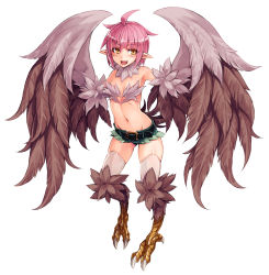 Rule 34 | 1girl, :d, ahoge, armpits, bare shoulders, belt, blush, breasts, claws, collar, digitigrade, fang, feathered wings, feathers, full body, fur, groin, harpy, harpy (monster girl encyclopedia), highres, kenkou cross, looking at viewer, midriff, monster girl, monster girl encyclopedia, navel, official art, open mouth, pink hair, pointy ears, revision, short hair, short shorts, shorts, simple background, small breasts, smile, solo, tail, talons, thighhighs, white background, winged arms, wings, yellow eyes