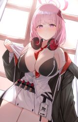 Rule 34 | 1girl, absurdres, bandaid, bandaid on arm, bandaid on neck, between breasts, black jacket, blue archive, blush, breasts, eimi (blue archive), hair ornament, halo, headphones, headphones around neck, highres, id card, jacket, large breasts, long hair, looking at viewer, nakonbu, necktie, necktie between breasts, off shoulder, open clothes, open shirt, pink hair, purple eyes, red necktie, shirt, solo, white shirt, zipper bikini