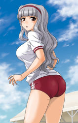 Rule 34 | 00s, 1girl, ass, blunt bangs, blush, breasts, brown eyes, buruma, curly hair, female focus, grey hair, gym uniform, hairband, hida tatsuo, idolmaster, idolmaster (classic), large breasts, long hair, looking at viewer, looking back, outdoors, parted lips, shijou takane, short sleeves, sky, solo