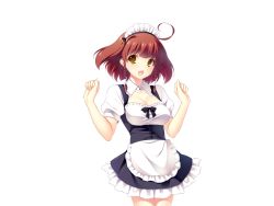 Rule 34 | 1girl, antenna hair, ayase hazuki, braid, breasts, brown hair, cleavage, game cg, grand cru bourgeois, happy, large breasts, legs, looking at viewer, maid, maid headdress, momose nonoa, nukidoki!, open mouth, short hair, simple background, smile, solo, standing, thighs, yellow eyes
