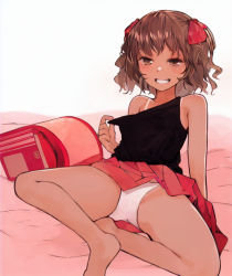Rule 34 | 1girl, arano oki, backpack, bag, bare arms, bare shoulders, bed sheet, black shirt, brown eyes, brown hair, clothes lift, clothes pull, grin, hair ribbon, highres, looking at viewer, original, panties, pleated skirt, pulling own clothes, randoseru, red ribbon, red skirt, ribbon, shirt, shirt pull, simple background, skirt, skirt lift, smile, solo, tan, tanline, two side up, underwear, white background, white panties