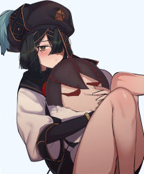 Rule 34 | 1girl, black hair, black hat, bracelet, breasts, brown eyes, chinese clothes, doll, fate/grand order, fate (series), hair over one eye, hat, highres, holding, holding doll, jewelry, long sleeves, looking at viewer, makuro, mole, mole under eye, robe, short hair, small breasts, solo, thighs, white robe, xu fu (fate), yu mei-ren (fate)