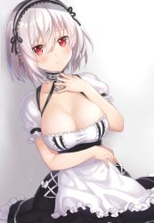 Rule 34 | 1girl, anchor choker, apron, arm across waist, azur lane, bad id, bad pixiv id, blush, bow, breasts, choker, cleavage, closed mouth, collarbone, commentary request, dress, fingernails, frilled apron, frilled choker, frilled dress, frills, gradient background, grey background, hair between eyes, hairband, hand on own chest, highres, kon (k0n16), large breasts, looking at viewer, maid, puffy short sleeves, puffy sleeves, red eyes, short hair, short sleeves, silver hair, sirius (azur lane), smile, solo, tareme, white background, white bow