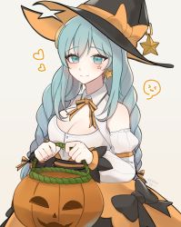Rule 34 | &gt; &lt;, 1girl, black survival, blouse, blue eyes, blue hair, braid, breasts, cleavage, dd1no, earrings, emma hardy, eternal return: black survival, hat, highres, jack-o&#039;-lantern, jewelry, looking at viewer, medium breasts, official alternate costume, shirt, smile, solo, tagme, twin braids, twintails, white shirt, witch hat
