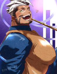 Rule 34 | 1boy, :d, alternate pectoral size, bara, beard, blue shirt, blush, brown shirt, dark-skinned male, dark skin, facial hair, from side, green eyes, hair slicked back, highres, kizami nori to yamaimo, large pectorals, looking at viewer, male focus, mature male, multicolored hair, muscular, muscular male, open mouth, oscar (housamo), pectorals, shirt, short hair, sideburns, smile, solo, tokyo houkago summoners, two-tone hair, upper body