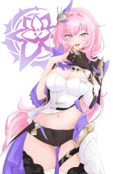 Rule 34 | 1girl, absurdres, asahi-syu, black gloves, black shorts, black thighhighs, breasts, cape, cleavage, clothing cutout, commentary request, elbow gloves, elf, elysia (honkai impact), elysia (miss pink elf) (honkai impact), gloves, hair between eyes, hair ornament, highres, honkai (series), honkai impact 3rd, long hair, looking at viewer, midriff, navel, own hands together, pointy ears, shirt, short shorts, shorts, side cutout, smile, thighhighs, thighs, white background, white shirt, zettai ryouiki
