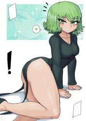Rule 34 | !, 1girl, absurdres, ass, black dress, blush stickers, breasts, cleavage, curly hair, dress, green eyes, green hair, heart, highres, kneeling, long sleeves, looking at viewer, matching hair/eyes, medium breasts, one-punch man, short hair, smile, solo, spoken heart, tatsumaki, thick thighs, thighs, tony welt, white background, zoom layer