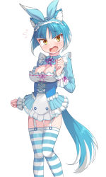 Rule 34 | 1girl, animal ear fluff, animal ears, asagi (bombergirl), blue hair, blue hairband, bombergirl, breasts, dress, fang, feet out of frame, flying sweatdrops, frilled hairband, frills, garter straps, hairband, highres, large breasts, light blush, long sleeves, looking at viewer, multicolored hair, open mouth, saiste, short hair, simple background, slit pupils, solo, striped clothes, striped thighhighs, tail, tears, thigh gap, thighhighs, two-tone hair, white background, white garter straps, white hair, yellow eyes