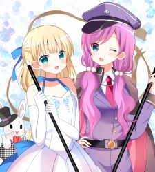 Rule 34 | 2girls, ;d, alcohol, belt, black belt, black hat, blonde hair, blue bow, blue eyes, blunt bangs, bow, breasts, champagne, champagne flute, character request, collared shirt, commentary request, cup, dress, drinking glass, elbow gloves, gloves, gochuumon wa usagi desu ka?, green eyes, hair between eyes, hair bow, hair ornament, half updo, hat, highres, holding, jacket, kirima syaro, long hair, long sleeves, low twintails, multiple girls, necktie, one eye closed, open mouth, peaked cap, pink hair, purple hat, purple jacket, red neckwear, ryoutan, shirt, sleeveless, sleeveless dress, small breasts, smile, stuffed animal, stuffed rabbit, stuffed toy, top hat, twintails, very long hair, white dress, white gloves, white shirt