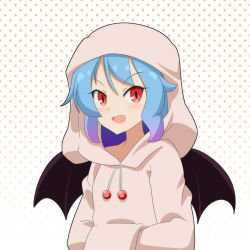 Rule 34 | 1girl, :d, alternate costume, bat wings, blue hair, cato (monocatienus), commentary request, contemporary, drawstring, fang, gradient hair, halftone, halftone background, hands in pockets, highres, hood, hood up, hoodie, multicolored hair, open mouth, pink hoodie, purple hair, red eyes, remilia scarlet, simple background, smile, solo, touhou, upper body, v-shaped eyebrows, wings