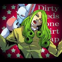 Rule 34 | 2boys, ab00, bad id, bad pixiv id, curly hair, dirty deeds done dirt cheap, fabulous, funny valentine, green hair, half-closed eyes, head tilt, jojo no kimyou na bouken, letterboxed, long hair, male focus, multiple boys, stand (jojo), steel ball run, text background