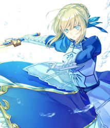 Rule 34 | 1girl, ahoge, armor, artoria pendragon (all), artoria pendragon (fate), blue dress, blue ribbon, braid, breastplate, closed mouth, dress, excalibur (fate/stay night), fate/stay night, fate (series), faulds, hair ribbon, holding, holding sword, holding weapon, looking at viewer, ribbon, saber (fate), saijou haruki, sidelocks, solo, sword, water drop, weapon