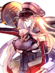 Rule 34 | 10s, 1girl, aki (o2x x2o), armpits, bad id, bad pixiv id, bismarck (kancolle), blonde hair, blue eyes, breasts, elbow gloves, gloves, grin, hat, kantai collection, large breasts, long hair, machinery, personification, smile, solo, turret