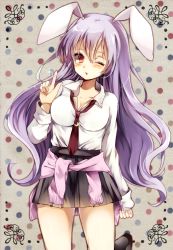 Rule 34 | 1girl, adapted costume, animal ears, blush, breasts, cleavage, clothes around waist, crescent, female focus, large breasts, long hair, long sleeves, looking at viewer, miniskirt, necktie, one eye closed, pleated skirt, pointing, pointing up, purple hair, rabbit ears, red eyes, red necktie, reisen udongein inaba, skirt, smile, solo, sweater, sweater around waist, touhou, ukita uuko, very long hair