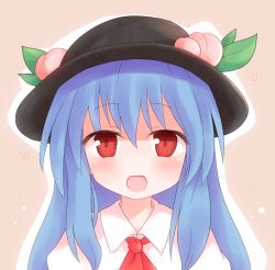 Rule 34 | 1girl, ascot, blue hair, blush, female focus, food, fruit, hat, hinanawi tenshi, long hair, looking at viewer, open mouth, peach, pink background, pink theme, red eyes, shirt, shize (coletti), smile, solo, touhou