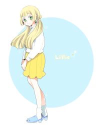 Rule 34 | 1girl, alternate costume, atsumi yoshioka, blonde hair, blue background, blue footwear, blush, character name, closed mouth, commentary request, creatures (company), eyelashes, from side, full body, game freak, green eyes, lillie (pokemon), long sleeves, looking at viewer, nail polish, nintendo, pokemon, pokemon sm, shoes, skirt, smile, socks, solo, standing, sweater, twintails, white socks, white sweater, yellow skirt