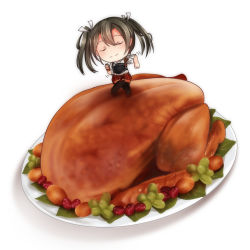 Rule 34 | 10s, food, hair ribbon, highres, japanese clothes, kantai collection, long hair, one-hour drawing challenge, ribbon, solo, turkey (food), twintails, yasume yukito, zui zui dance, zuikaku (kancolle)