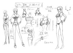 Rule 34 | 1girl, barefoot, bikini, bracelet, breasts, character sheet, cleavage, curvy, denim, denim shorts, full body, highres, jewelry, low twintails, monochrome, multiple views, nami (one piece), navel, necklace, official art, one piece, one piece: strong world, shorts, shoulder tattoo, smile, striped bikini, striped clothes, swimsuit, tattoo, translation request, twintails, wet, wet hair, wide hips