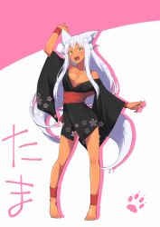 Rule 34 | 1girl, animal ears, ankle wrap, barefoot, breasts, cleavage, contrapposto, dark-skinned female, dark skin, fang, fox ears, full body, herio, highres, japanese clothes, kimono, long hair, looking at viewer, no bra, off shoulder, original, short kimono, simple background, solo, standing, tail, very long hair, white hair, yellow eyes