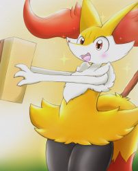 Rule 34 | 1girl, :3, animal ear fluff, animal ears, animal nose, arms up, black fur, blush, body fur, box, braixen, cardboard box, cowboy shot, creatures (company), female focus, flat chest, fox ears, fox girl, fox tail, furry, furry female, game freak, gen 6 pokemon, happy, highres, holding, holding box, ibutsu, looking at viewer, multicolored fur, nintendo, open mouth, outstretched arms, pokemon, pokemon (creature), red eyes, simple background, smile, snout, solo, sparkle, standing, stick, tail, thick thighs, thighs, white fur, yellow background, yellow fur