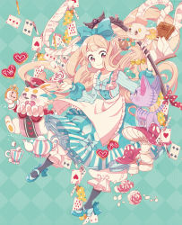 Rule 34 | 1girl, album cover, alice (alice in wonderland), alice in wonderland, black legwear, blonde hair, bloomers, blue footwear, blue nails, bow, brown eyes, candy, card, cat, clock, collar, commentary request, cookie, cover, cup, dress, flower, food, frilled collar, frilled shirt collar, frills, hair bow, hat, heart-shaped food, light brown hair, long hair, looking at viewer, mouse (animal), mushroom, nail polish, original, playing card, rabbit, ribbon, rose, shoes, smile, solo, sugar cube, teacup, teapot, top hat, uekura eku, underwear