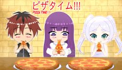 Rule 34 | 1boy, 2girls, bilingual, brick wall, chibi, commentary, dress, eating, elf, english commentary, fern (sousou no frieren), food, frieren, highres, holding, holding food, holding pizza, long hair, mixed-language commentary, mixed-language text, multiple girls, parted bangs, pepperoni, pizza, pizza slice, pointy ears, purple hair, self-upload, sousou no frieren, stark (sousou no frieren), the blackout, thick eyebrows, twintails, white dress, white hair