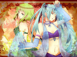 Rule 34 | 2girls, alternate costume, bad id, bad pixiv id, bare back, bare shoulders, blue hair, choker, closed eyes, green eyes, green hair, gumi, hair ornament, hatsune miku, jewelry, long hair, midriff, multiple girls, navel, necklace, see-through, short hair, sss3, vocaloid, wine berry (vocaloid)
