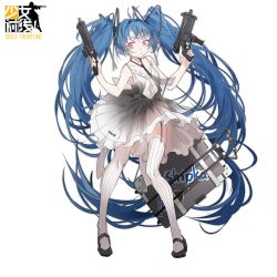 Rule 34 | 1girl, black footwear, black necktie, blue hair, closed mouth, copyright name, dress, dual wielding, finger on trigger, full body, garter straps, girls&#039; frontline, grey dress, gun, holding, holding gun, holding weapon, long hair, looking at viewer, mary janes, necktie, nine (liuyuhao1992), pink eyes, ribbed legwear, shipka (girls&#039; frontline), shoes, solo, thighhighs, transparent background, twintails, very long hair, weapon, weapon case, white thighhighs