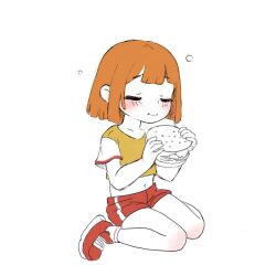 Rule 34 | 1girl, animated, bare legs, blush, burger, child, closed eyes, closed mouth, daughter (yoru mac), eating, female focus, full body, looking at viewer, looping animation, mcdonald&#039;s, midriff, navel, open mouth, orange hair, pointing, pointing at self, qtkat, raglan sleeves, red footwear, shirt, short hair, short sleeves, sidelocks, simple background, sitting, smile, solo, teeth, tongue, tongue out, upper teeth only, video, wariza, white background, yellow shirt, yoru mac