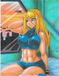 Rule 34 | 1girl, 2020, absurdres, arm up, artist name, bare shoulders, black wristband, blonde hair, blue eyes, blue footwear, blue shorts, boots, breasts, building, crop top, female focus, hair between eyes, hand on own head, highres, impossible clothes, indoors, large breasts, long bangs, long hair, looking to the side, metroid, midriff, mole, mole under mouth, navel, nintendo, ravernclouk design, samus aran, sheet, short shorts, shorts, sleeveless, solo, sunset, thighs, traditional media, turtleneck, turtleneck crop top, window, wristband