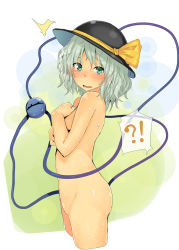 !? 1girl ^^^ blush breasts covering_breasts covering_privates cowboy_shot cropped_legs embarrassed female_focus from_side green_eyes green_hair hat hat_ribbon kindatsu komeiji_koishi medium_hair nude ribbon small_breasts solo sweat tears third_eye touhou