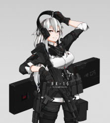 Rule 34 | 1girl, ak-15, arm strap, artist name, assault rifle, chinese robot kid, commentary request, ear protection, emblem, gas mask, gloves, grey background, grey eyes, gun, weapon case, handgun, highres, holster, kalashnikov rifle, pantyhose under shorts, load bearing vest, long hair, magazine (weapon), mask, md5 mismatch, original, painttool sai, pantyhose, patch, pistol, resolution mismatch, rifle, shorts, simple background, sleeves rolled up, thigh holster, thigh strap, trigger discipline, weapon, white hair