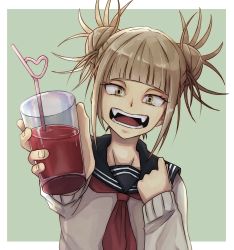 Rule 34 | 1girl, absurdres, blood, blunt bangs, boku no hero academia, cardigan, cup, double bun, drinking straw, fangs, hair bun, heart, highres, holding, holding cup, light brown hair, messy hair, open mouth, osakanaotoko, outside border, sailor collar, school uniform, simple background, smile, solo, toga himiko, yellow eyes