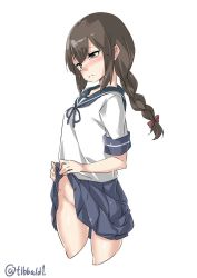 Rule 34 | 10s, 1girl, bad id, bad twitter id, black eyes, blouse, blue skirt, bow, braid, brown hair, closed mouth, clothes lift, cowboy shot, cropped legs, ebifurya, eyebrows, frown, groin, hair bow, highres, inactive account, isonami (kancolle), kantai collection, lifting own clothes, long hair, looking down, no panties, pleated skirt, red bow, school uniform, serafuku, shirt, short sleeves, simple background, single braid, skirt, skirt lift, solo, tears, twitter username, white background, white shirt