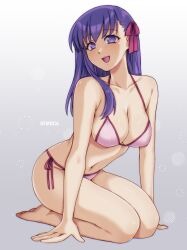 Rule 34 | 1girl, bare shoulders, bikini, breasts, cleavage, collarbone, fate/stay night, fate (series), highres, large breasts, long hair, looking at viewer, matou sakura, navel, open mouth, purple eyes, purple hair, smile, solo, swimsuit, symoca