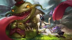 Rule 34 | 1boy, 1girl, claws, fangs, flower, furry, glowing, glowing eyes, hat, highres, kindred (league of legends), lamb (league of legends), league of legends, long tongue, mask, saliva, sharp teeth, sitting, skence, tahm kench, teeth, tongue, tongue out, top hat