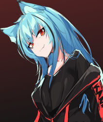 Rule 34 | 1girl, absurdres, animal ear fluff, animal ears, black jacket, black shirt, blue hair, brown background, closed mouth, fang, fang out, highres, jacket, kana616, kana (kana616), long hair, looking at viewer, off shoulder, open clothes, open jacket, original, red eyes, shirt, simple background, sketch, smile, solo, upper body, v-shaped eyebrows