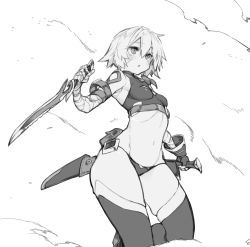 Rule 34 | 10mo, 1girl, bandaged arm, bandages, bare shoulders, blush, breasts, commentary, cropped vest, facial scar, fate/apocrypha, fate/grand order, fate (series), fingerless gloves, gloves, greyscale, hair between eyes, highres, jack the ripper (fate/apocrypha), knife, monochrome, navel, panties, ribs, scar, scar across eye, scar on cheek, scar on face, short hair, shoulder tattoo, small breasts, tattoo, thighhighs, thighs, underwear, vest