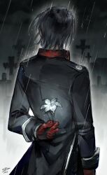 Rule 34 | 1boy, absurdres, arm behind back, black hair, black jacket, dark, dated, flower, fog, from behind, gloves, graveyard, highres, holding, holding flower, jacket, ji34976561, leonard mitchell, lord of the mysteries, night, night sky, rain, red gloves, short hair, signature, sky, solo, tombstone, wet