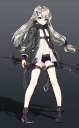 Rule 34 | 1girl, ammunition box, bad id, bad pixiv id, black background, black footwear, black shorts, boots, closed mouth, dress shirt, expressionless, full body, girls&#039; frontline, gradient background, gun, h&amp;k mg4, hair ornament, hairclip, high heel boots, high heels, highres, holding, holding gun, holding weapon, holster, jacket, legs apart, light machine gun, long hair, looking at viewer, low twintails, machine gun, mg4 (girls&#039; frontline), navel, open clothes, open jacket, open shirt, pigeon-toed, shadow, shirt, short shorts, shorts, silver hair, solo, standing, tama (tamatamo), thigh holster, thigh strap, twintails, weapon, white shirt, yellow eyes