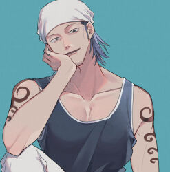 Rule 34 | 1boy, arm tattoo, beard stubble, blue background, blue hair, blue tank top, closed mouth, commentary request, facial hair, hair scarf, highres, iceburg, looking at viewer, male focus, one piece, pants, paruma umu, short hair, simple background, smile, solo, sshs1045, stubble, tank top, tattoo, upper body, white pants